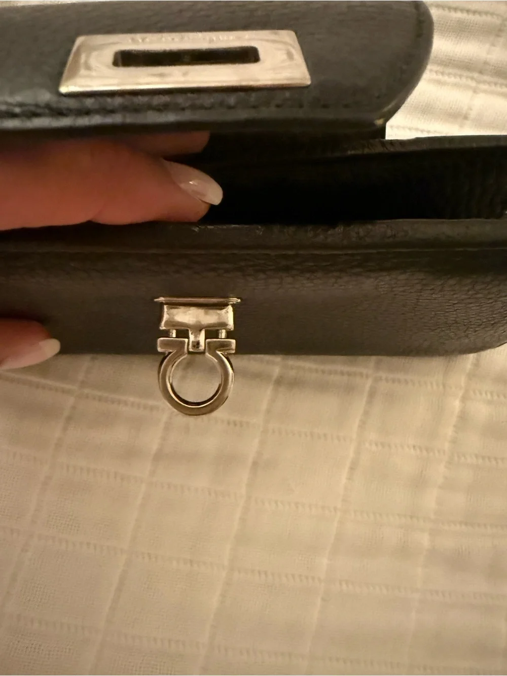 Ferragamo Black Leather Wallet with silver Ring Hardware